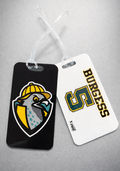 Two luggage tags with a logo and text on a gray background