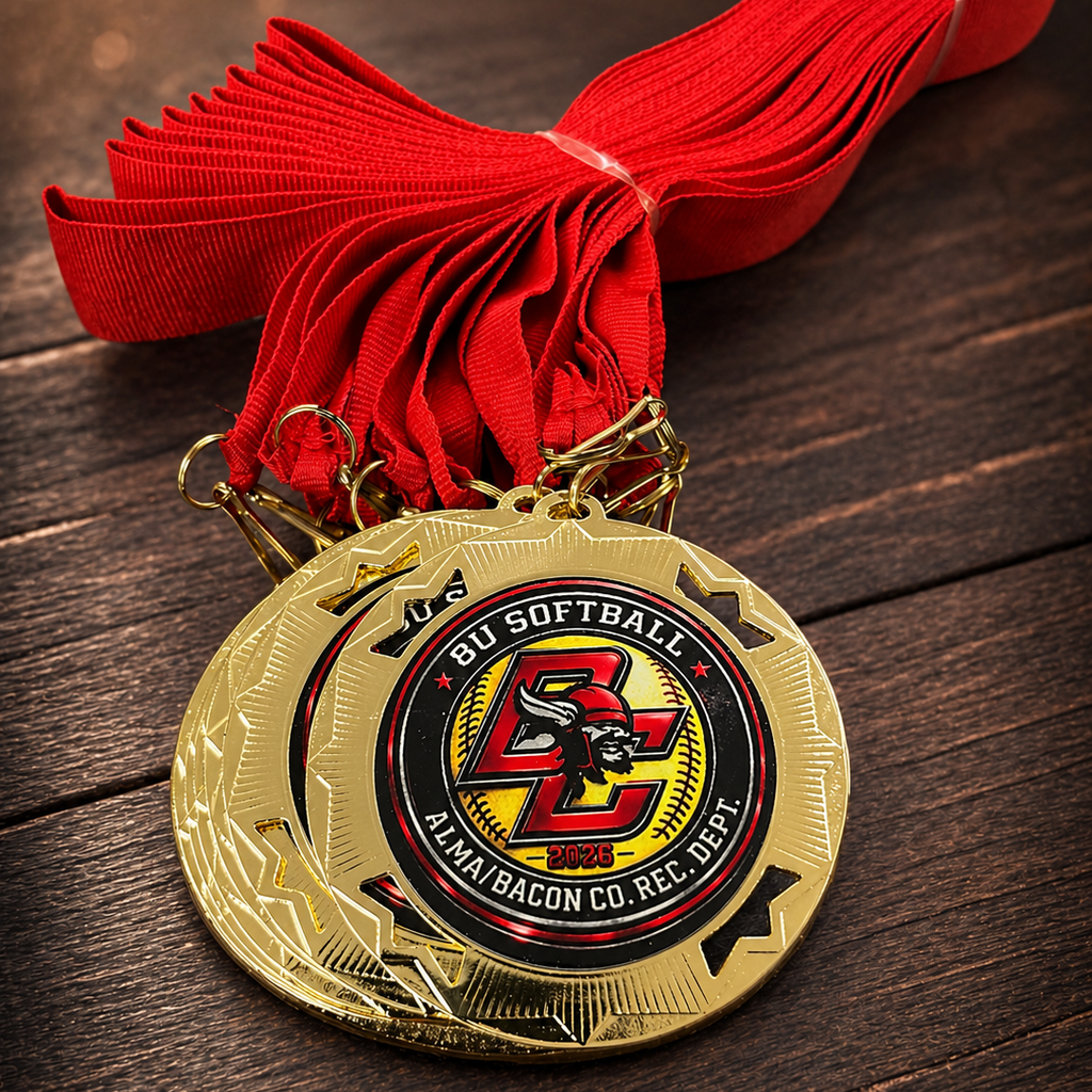Gold medal with red ribbon on a wooden surface