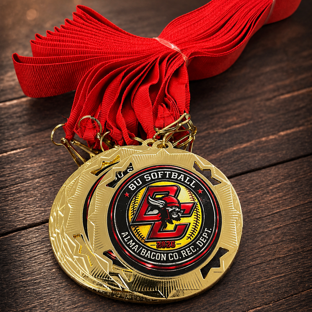 Gold medal with red ribbon on a wooden surface