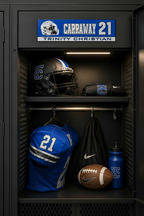 Black locker with sports equipment including a helmet, bag, football, and water bottle, featuring 'Carraway 21 Trinity Christian' branding.