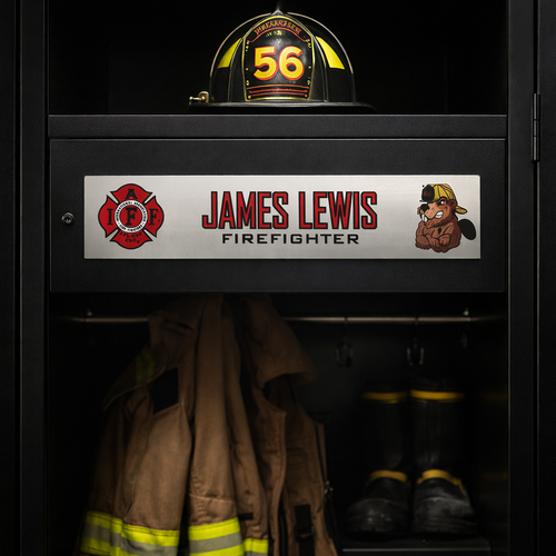 Firefighter locker with helmet, jacket, and boots, personalized with 'James Lewis Firefighter' sign.