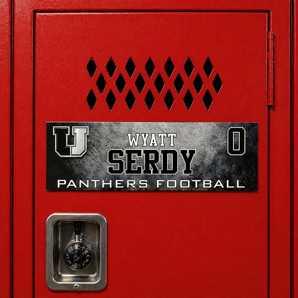 Red locker with personalized nameplate for Wyatt Serdy from Panthers Football