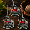 Three personalized 'Summer Shootout' keychains on a wooden surface with a baseball and glove in the background.