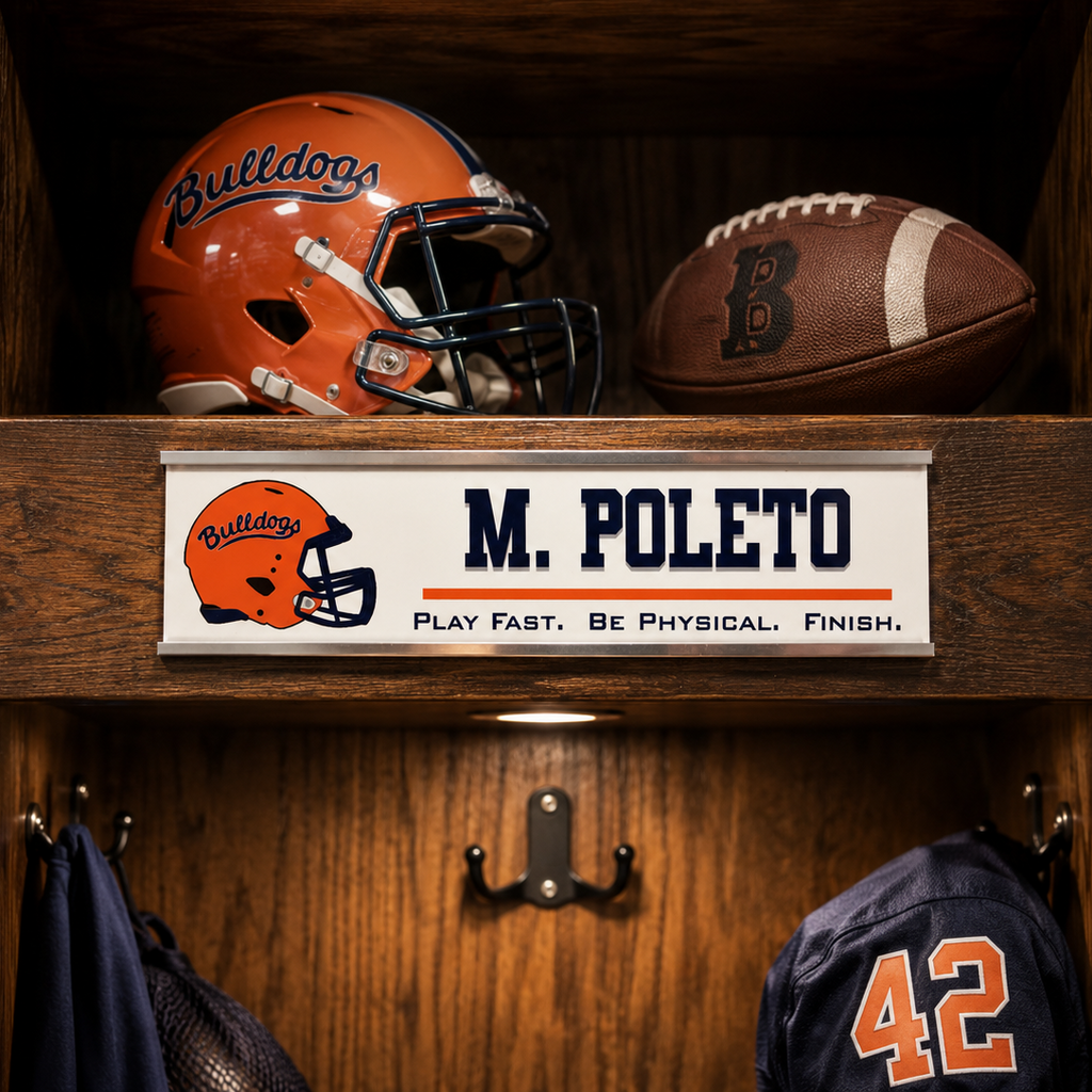 Wooden locker with football helmet, football, and personalized nameplate inside