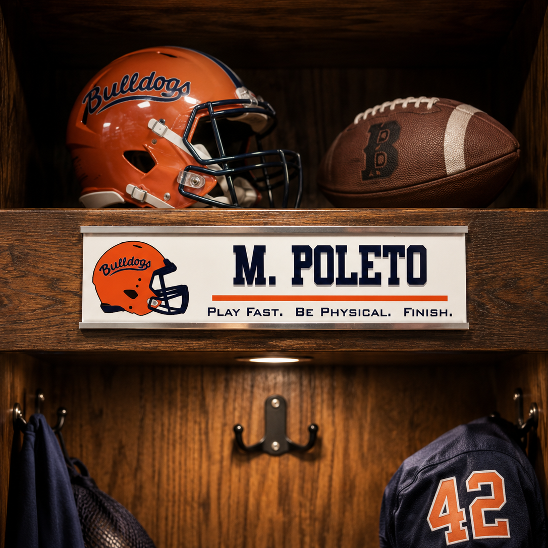 Wooden locker with football helmet, football, and personalized nameplate inside