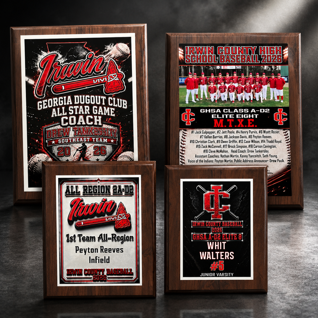 Collection of framed sports memorabilia including a baseball coach's plaque and player statistics on a dark background.