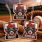 Baseball-themed name tags with player numbers on a baseball field background