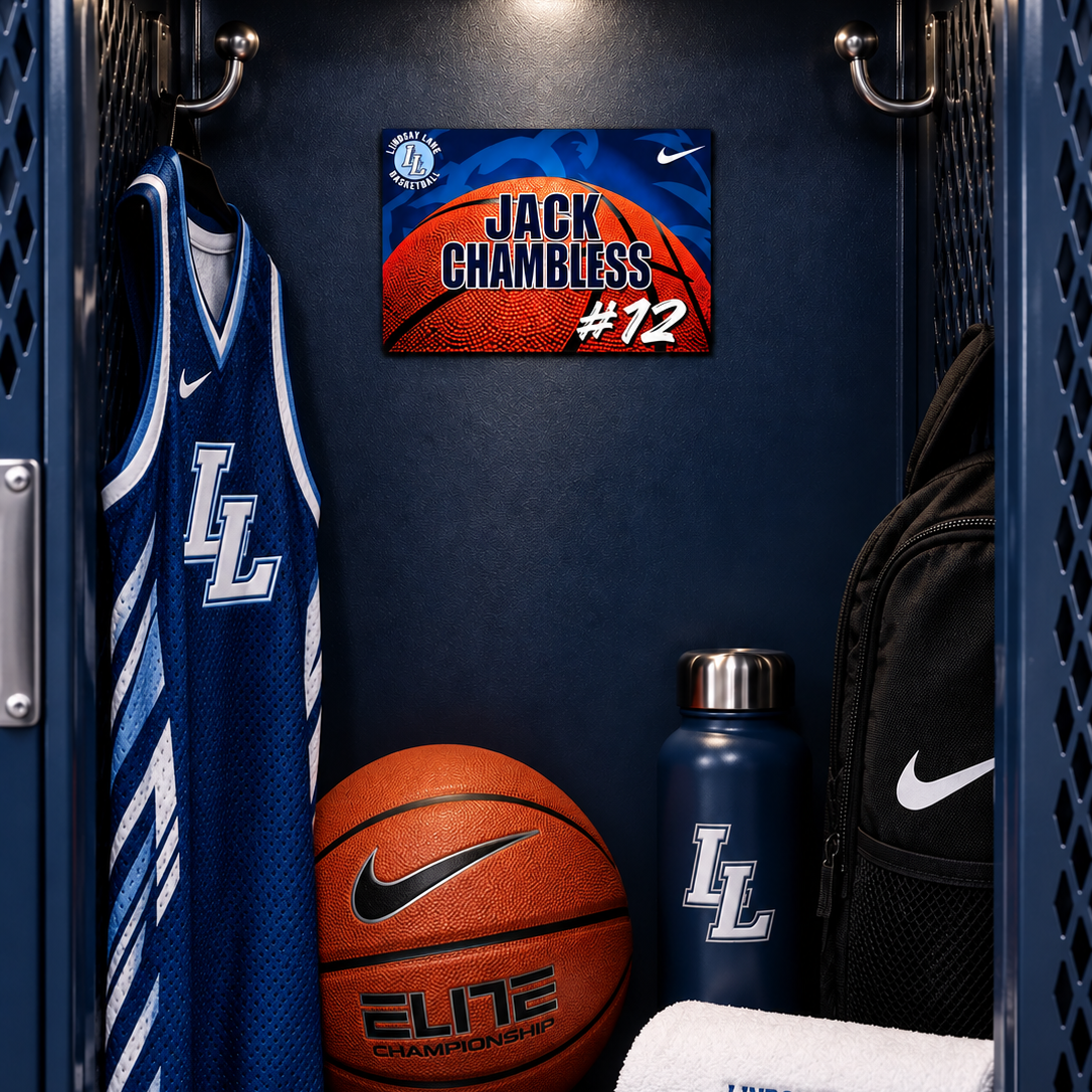 A customized locker room scene featuring a blue mesh jersey with 'LL' hanging on the left, an orange basketball with 'ELITE BASKETBALL' and a Nike swoosh, a blue water bottle, a black backpack, and a white towel reading 'LINDSY KANE BASKETBALL' with a Nike swoosh. In the center, a custom poster reads 'JACK CHAMBLESS #12' with a Nike logo.