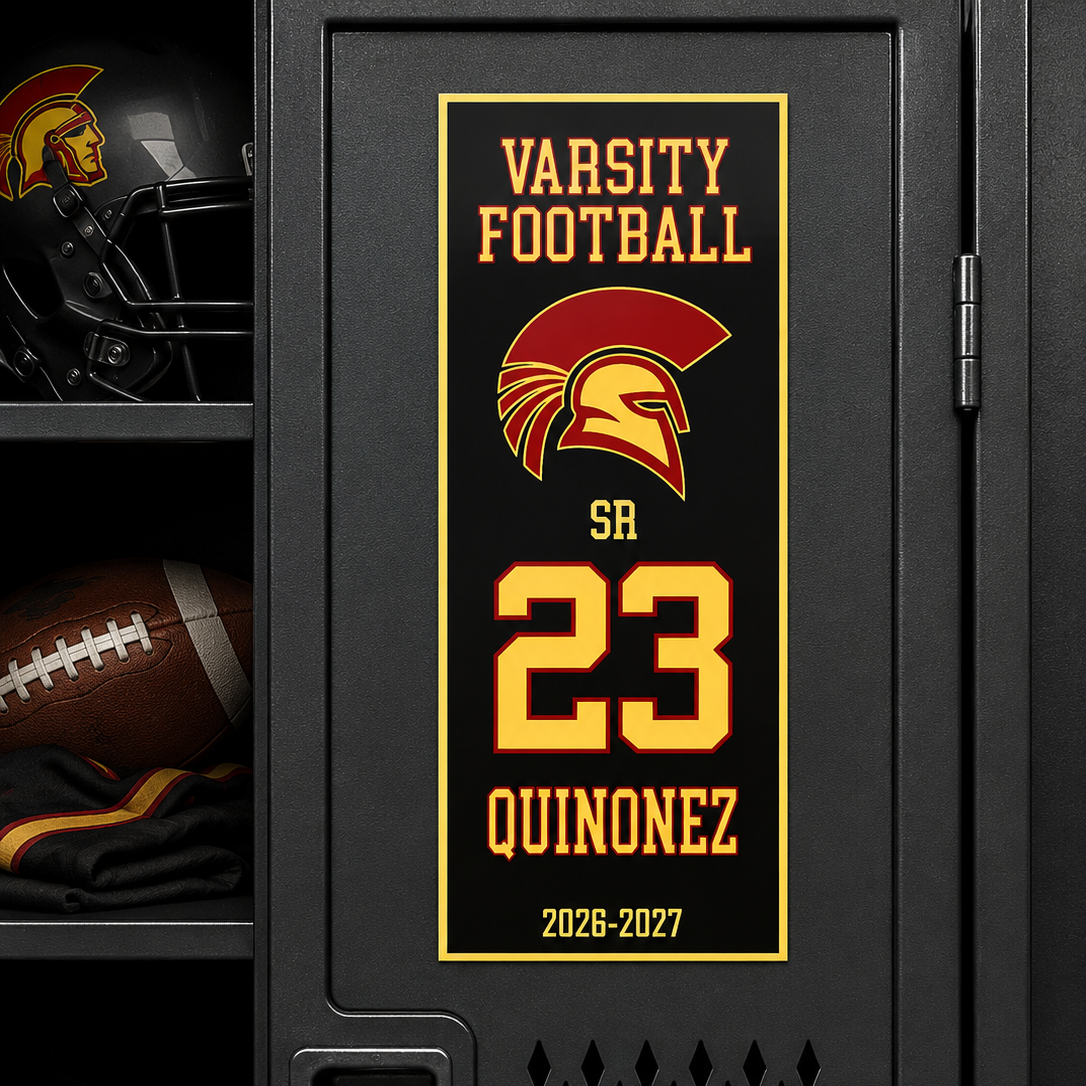 A black metal locker door with a custom sports locker plaque featuring a Spartan helmet logo and the text 'Varsity Football', 'SR 23 QUINONEZ', and '2026-2027'. The locker interior shows football gear, including a helmet, football, and cleats.