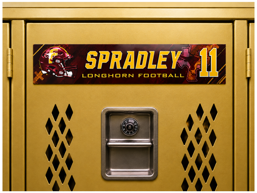 A close-up of a gold metal locker door with a custom sports decal reading 'SPRADLEY LONGHORN FOOTBALL' and the number '11', plus a football helmet graphic. A combination lock handle is centered on the door.