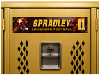 A close-up of a gold metal locker door with a custom sports decal reading 'SPRADLEY LONGHORN FOOTBALL' and the number '11', plus a football helmet graphic. A combination lock handle is centered on the door.