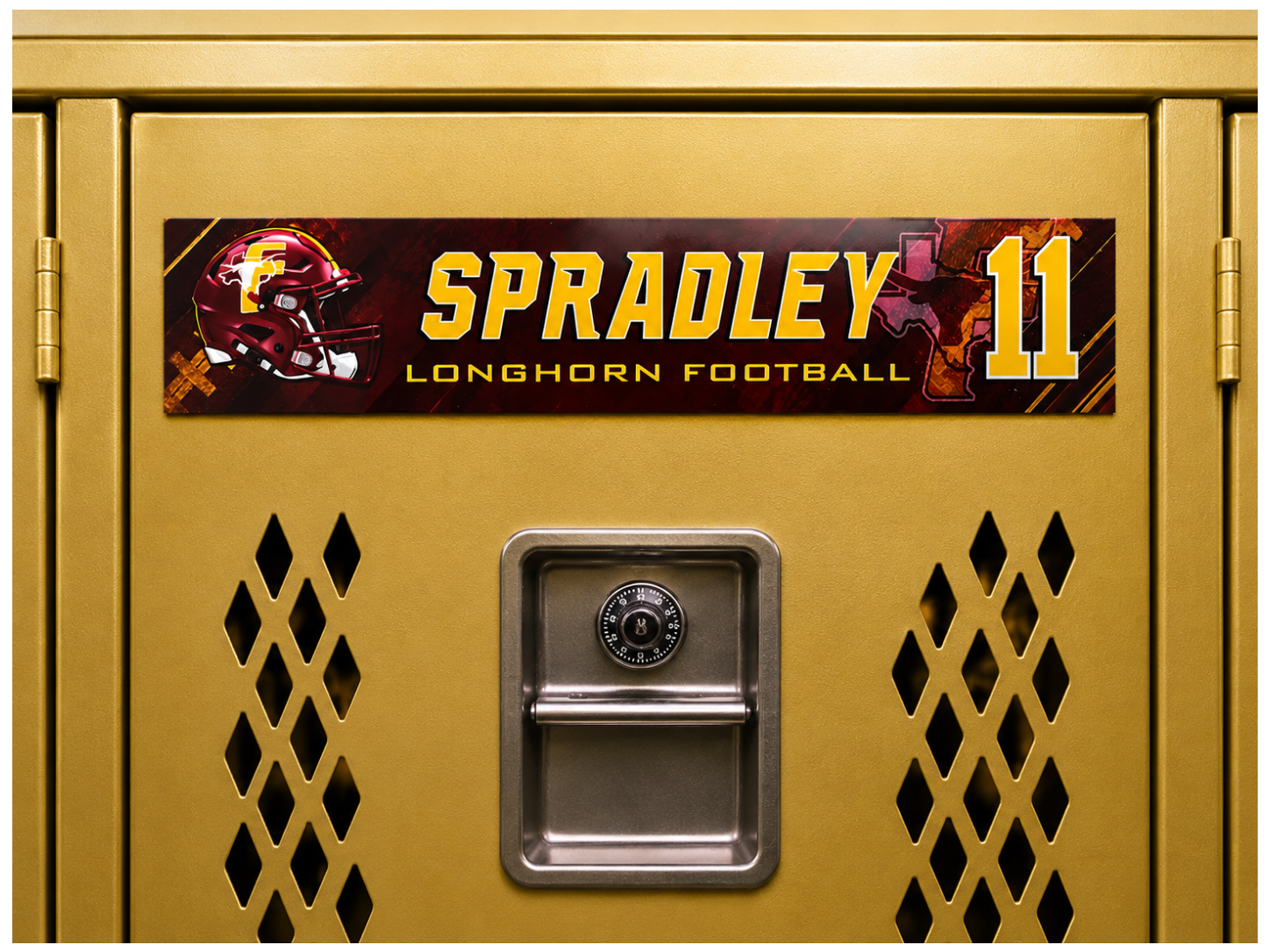A close-up of a gold metal locker door with a custom sports decal reading 'SPRADLEY LONGHORN FOOTBALL' and the number '11', plus a football helmet graphic. A combination lock handle is centered on the door.