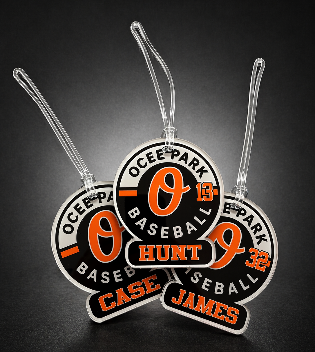 Three round tags with 'OcePak Baseball Hunt' and 'Case James' text on a dark background
